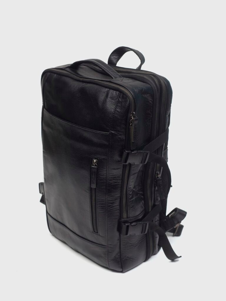 Denver black leather travel backpack shown upright on neutral background