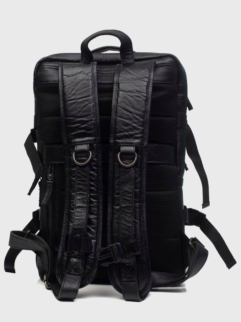 Denver black leather travel backpack shown from the back on neutral background