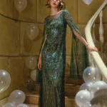 BABEYOND scroll floral sheer bell sleeve evening gown front view standing