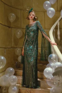 BABEYOND scroll floral sheer bell sleeve evening gown front view standing