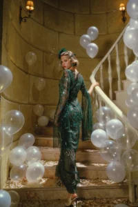 BABEYOND scroll floral sheer bell sleeve evening gown back view