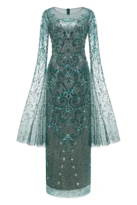 BABEYOND scroll floral sheer bell sleeve evening gown front view