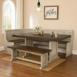 Two-tone gray and brown solid wood corner breakfast nook set positioned in a dining room corner