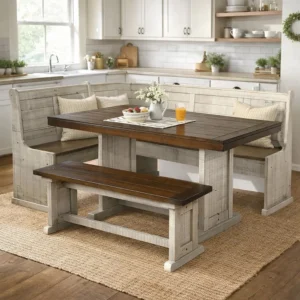 Camie 4-piece corner breakfast nook dining set in a bright farmhouse kitchen alcove