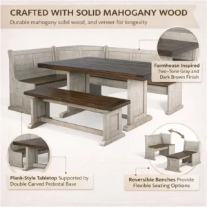 Camie 4-piece solid mahogany breakfast nook set featuring lift-top storage benches and carved pedestal table base