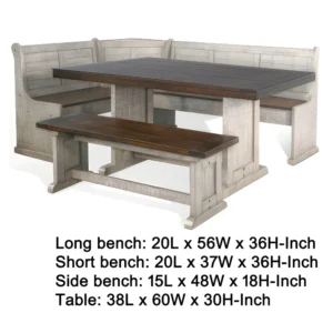 Camie corner breakfast nook set dimensions diagram showing table, L-shape bench, and standalone bench measurements