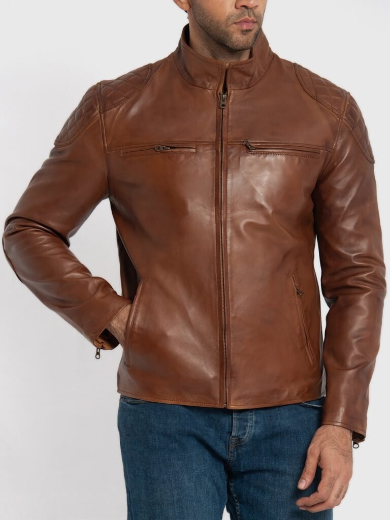 Men's cognac brown leather café racer jacket front view with snap collar