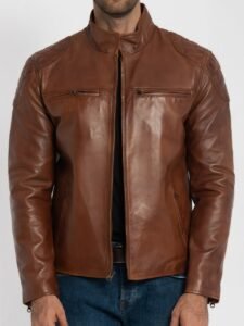 Close up of snap button band collar and zip pocket details on brown leather jacket