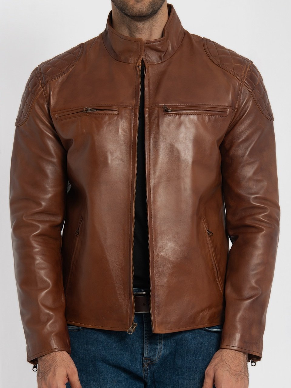 Close up of snap button band collar and zip pocket details on brown leather jacket