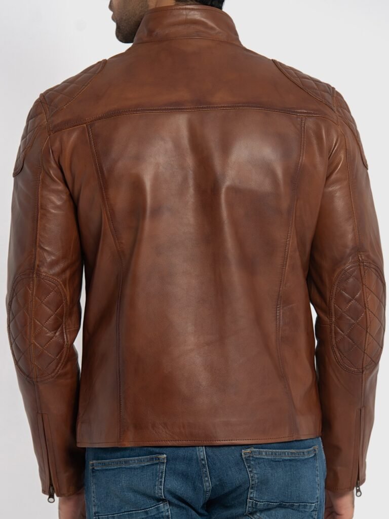 Back view of men's cognac brown leather café racer motorcycle jacket