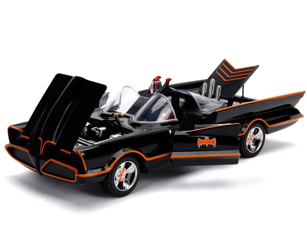 Rear three-quarter view of the Jada Classic TV Series Batmobile diecast model showing its fins and orange detailing