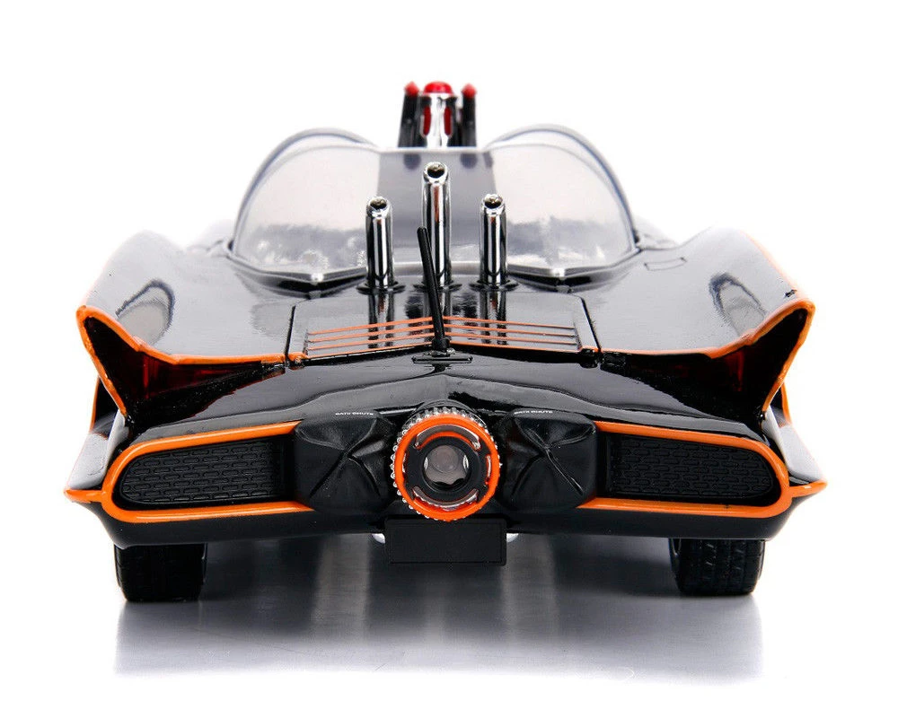 Rear view of the Jada 1:18 scale Classic TV Series Batmobile diecast model with orange detailing and rear thruster